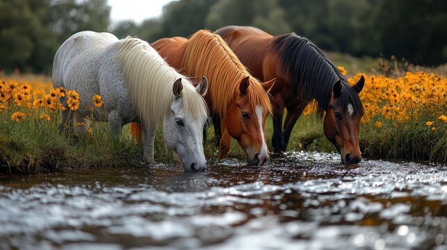 Three horses of different colors drinking water from a stream in a field of yellow flowers.