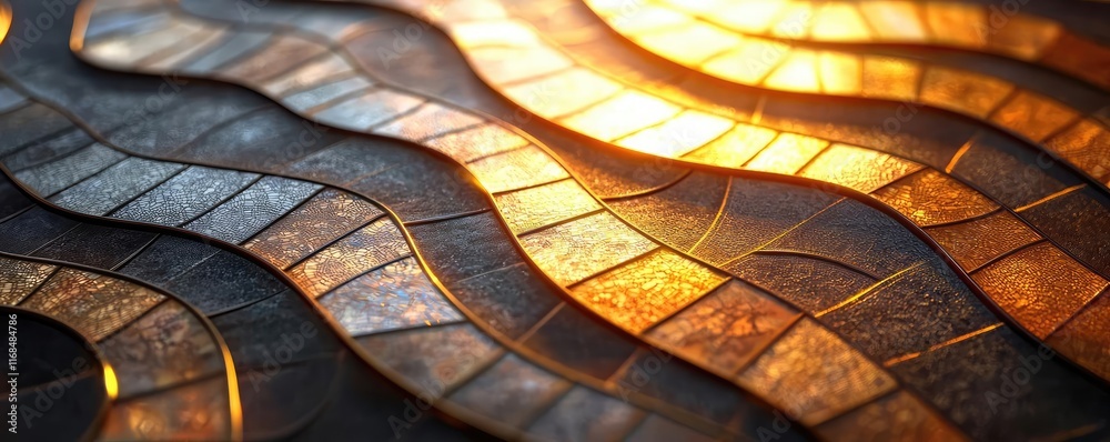 Aufkleber mosaic abstract background concept. wavy mosaic tiles reflecting warm golden light, creating a capti