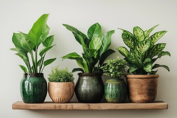 Fototapeta premium This image showcases beautiful potted plants arranged on a shelf, perfect for indoor gardening enthusiasts looking to enhance their living space.