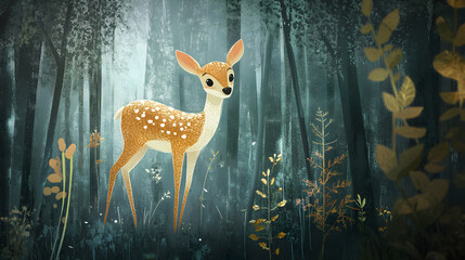 Naklejka premium Whimsical Harmony: A Small Deer in a Tranquil Digital Forest