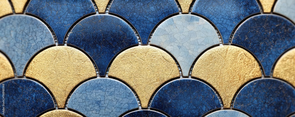 Poster mosaic abstract background concept. colorful tile pattern featuring blue and gold scales, ideal for 