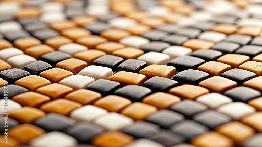 Poster Mosaic abstract background concept. A close-up view of a textured surface with colorful tiles in brown, black, and white hues.