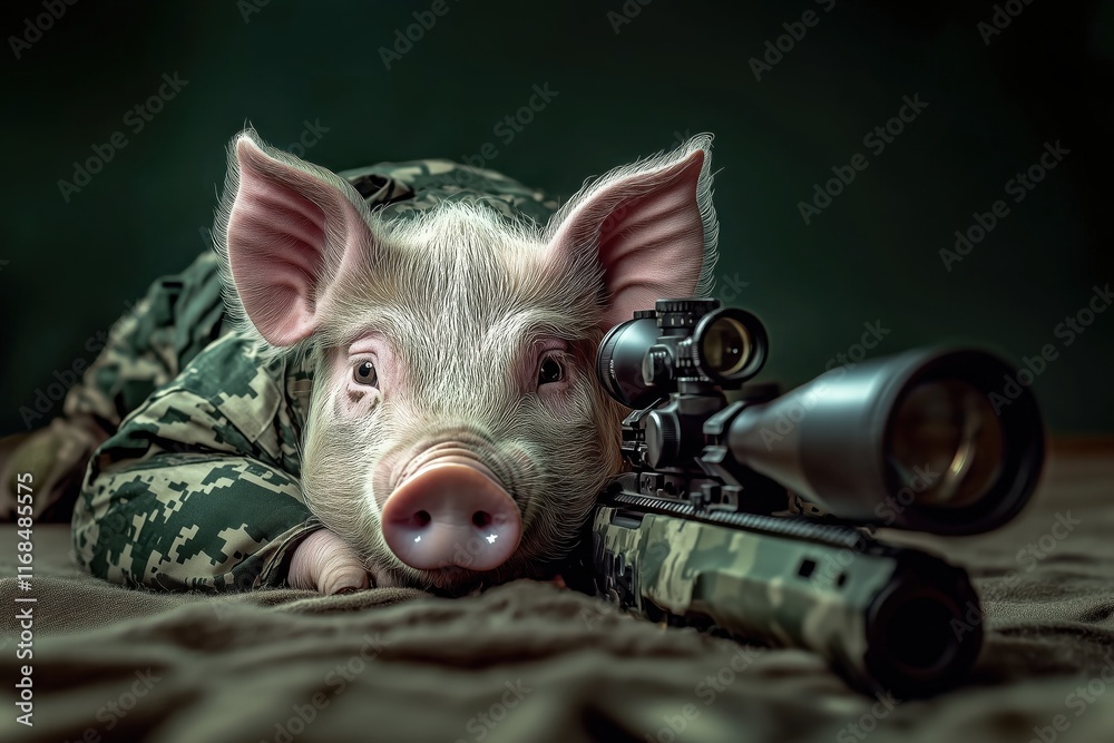 Wall mural illustration of a pig in military uniform and weapons