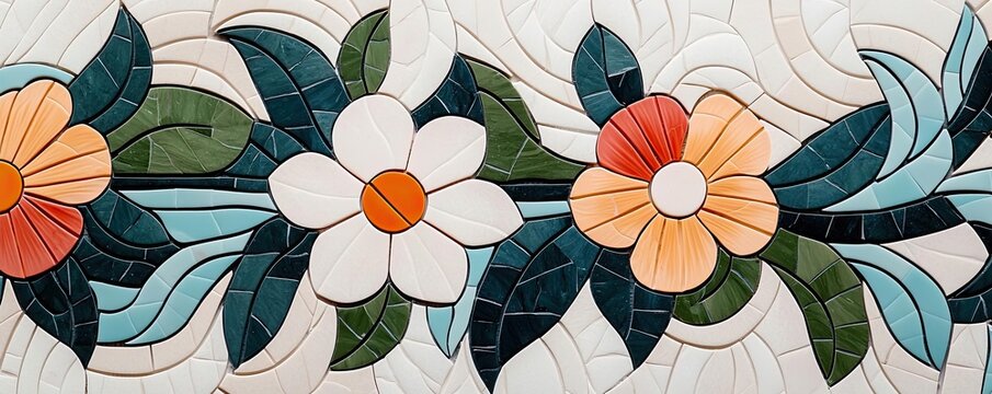 Mosaic abstract background concept. A vibrant mosaic design featuring colorful flowers and lush green leaves.