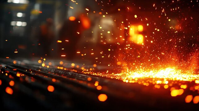 Close-up of molten metal sparks flying in a dynamic industrial environment.
