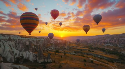 Obraz premium Colorful hot air balloons soaring at sunset over valleys