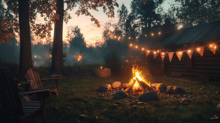 Obraz premium A cozy outdoor celebration featuring a crackling bonfire, rustic wooden decorations, twinkling string lights draped above, and colorful festive banners