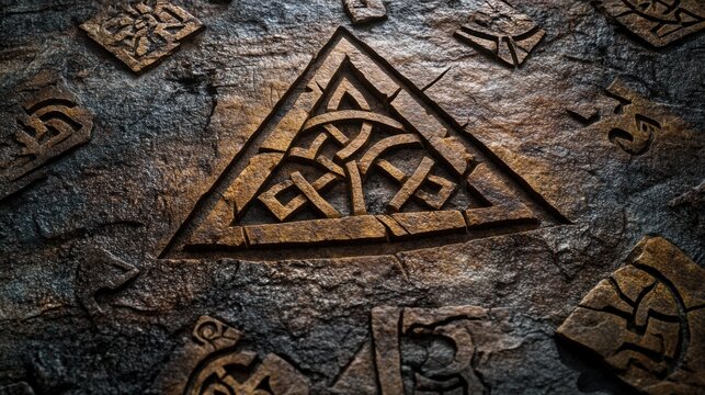 A detailed collection of ancient Norse symbols, including runes, Yggdrasil, and Valknut, engraved on aged stone surfaces