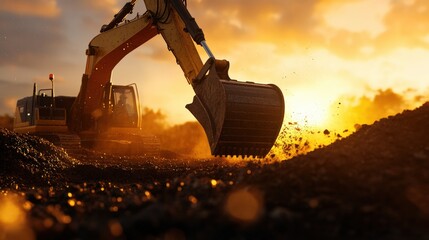 Excavator working at sunset on a construction site, showcasing heavy machinery in action.