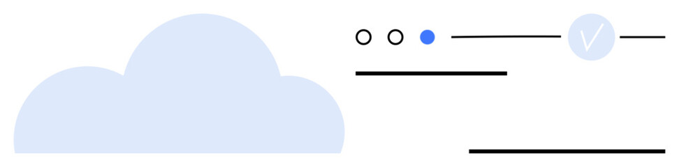 Blue cloud shape, three circles, lines, check mark in blue circle. Ideal for technology, data storage, cloud computing, validation authentication minimalism digital media. Line metaphor