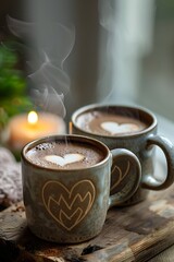 two mugs with heart designs steaming with hot chocolate