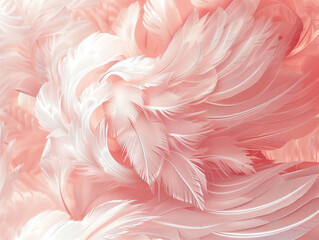 Vintage coral pink abstract wallpaper featuring intricate pastel bird wing design resembling chicken feathers on a transparent background. White and fluffy details add a touch of elegance to the overa