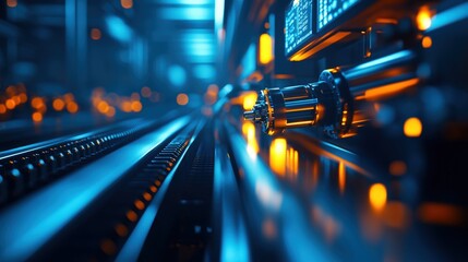 Futuristic network cables glowing in a data center with vibrant blue and orange lights.