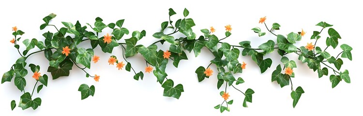 Green climbing plant with orange flowers on a white spring summer background