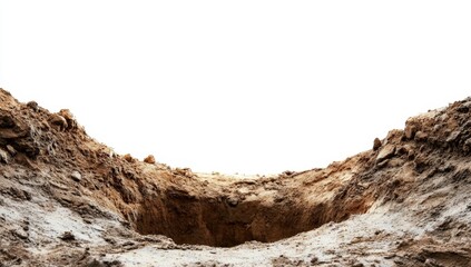 A hole dug in dry, sandy soil, isolated on white.