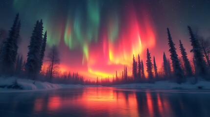 Vibrant aurora borealis reflected in a frozen river, surrounded by snow-covered trees at night.