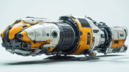 Futuristic spaceship, white, yellow, detailed design, isolated on white background.
