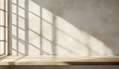 Sunlight casts shadows on a wall and wooden surface.