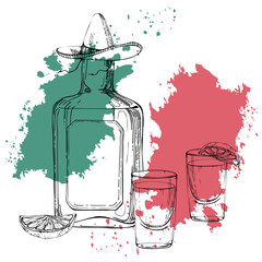 Tequila liquor alcohol bottle in sombrero, shot glasses with lime citrus slice, red white green flag. Hand drawn ink vector isolated illustration. Design travel, vacation brochure, shop, bar pub menu