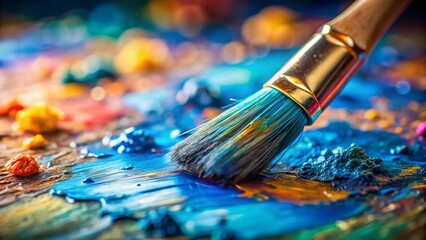 Obraz premium Close-up Tilt-Shift Photo: Paintbrush Picking Up Blue Paint from Palette