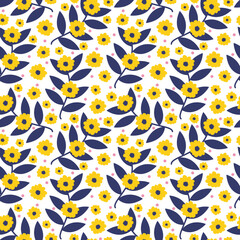 ditsy cute yellow flower with black leaves  botanical seamless pattern for textile