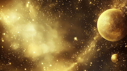 Golden cosmic background with planets and sparkling stars