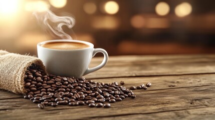 Obraz premium steaming cup of coffee beside spilled beans