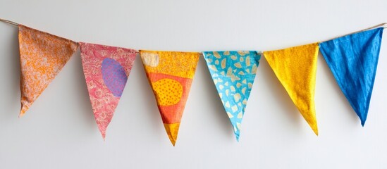 Colorful patterned bunting flags hanging on a string against a white wall.