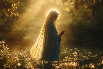 Holy virgin mary praying in a field of lilies at sunrise