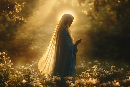 Holy virgin mary praying in a field of lilies at sunrise