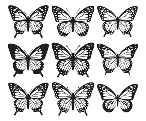 Monarch butterfly silhouettes collection, vector illustration