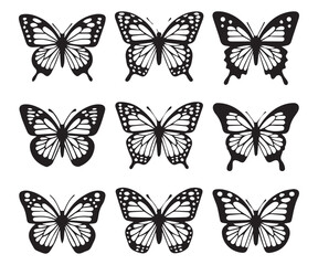 Monarch butterfly silhouettes collection, vector illustration