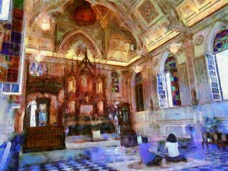 Obraz premium Ancient buildings European architecture Gothic style Chalk paint Illustrations creates art style impressionism of painting.