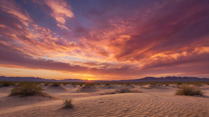 Fototapeta premium A colorful sunset in the desert, with dramatic clouds glowing in shades of magenta and peach, and sand dunes reflecting soft pastel colors.