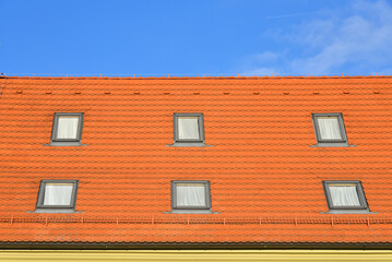Brown tile roof with skylights and clear blue sky