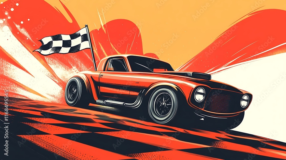 Poster red race car crossing finish line with checkered flag.