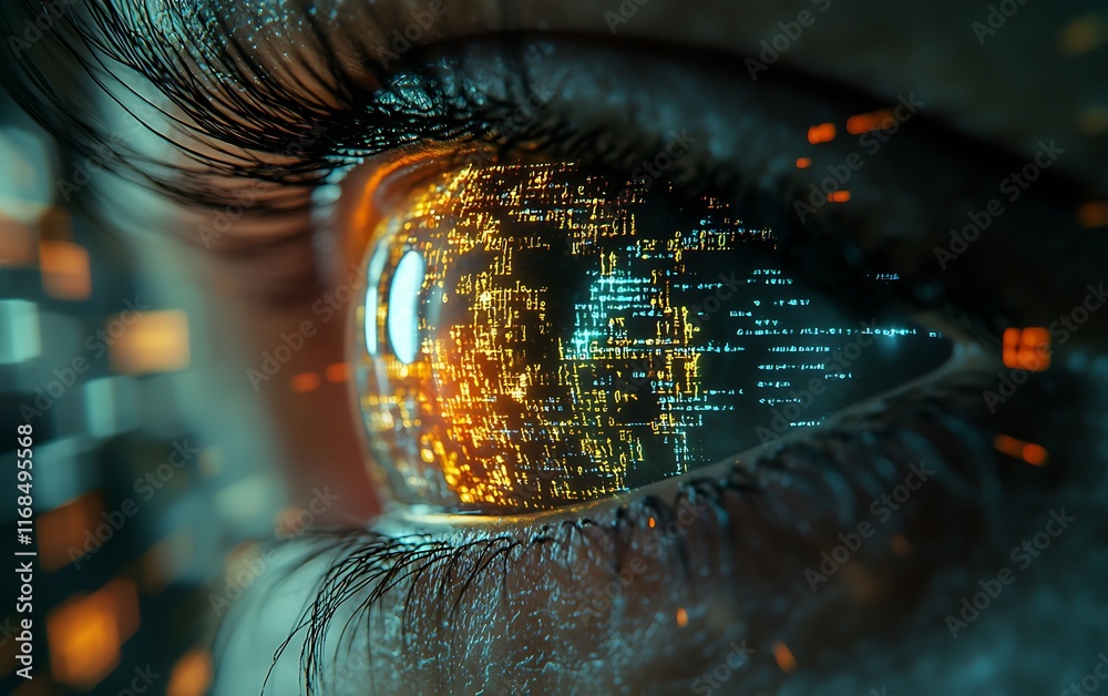 Poster close-up of eye with digital data overlay.