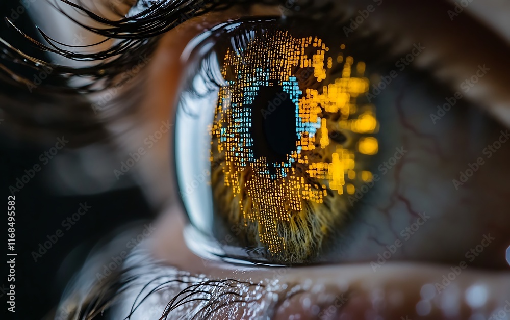 Poster Close-up of eye with digital data reflection.