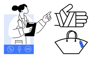 Doctor in online consultation holding clipboard, bandaged hand icon representing injury care, and shopping bag with price tag symbolizing e-commerce. Ideal for healthcare, e-commerce, online