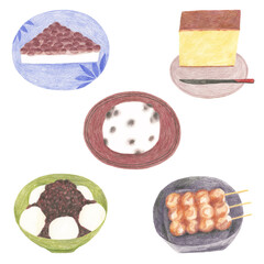 色鉛筆で描いた5種類の和菓子のイラストレーション