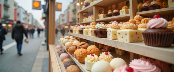 Artistic Japanese sweets display in bustling street, culinary delight