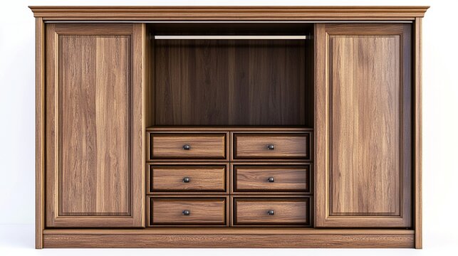 Classic wooden wardrobe with sliding doors, isolated on white for organized storage