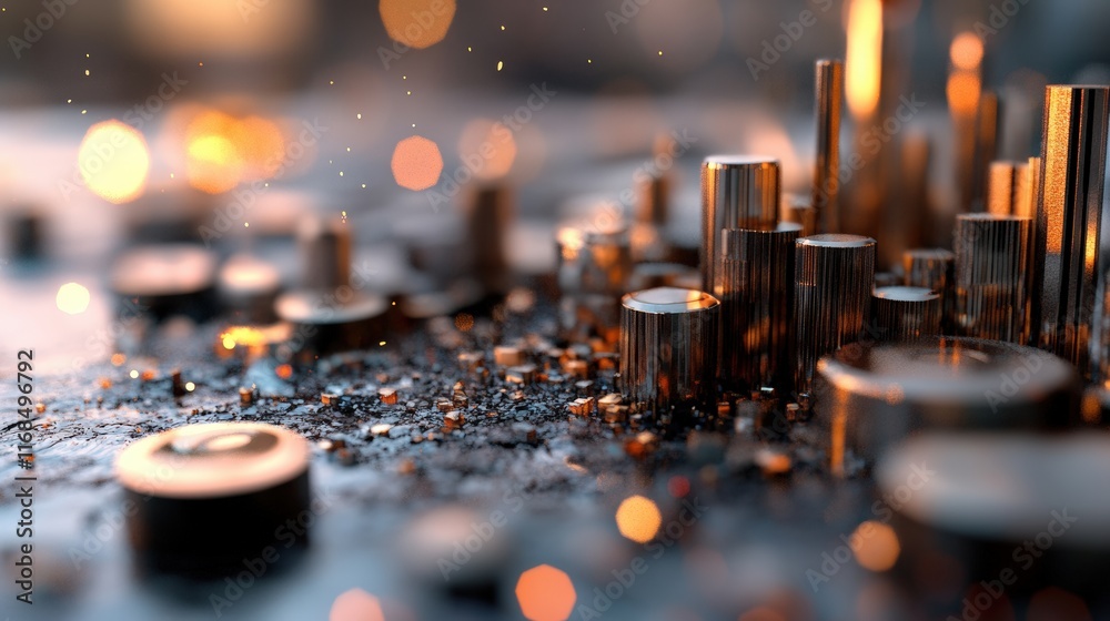 Poster A close-up view of metallic cylinders and disks scattered on a textured surface, illuminated by soft bokeh lights, creating an abstract industrial aesthetic.