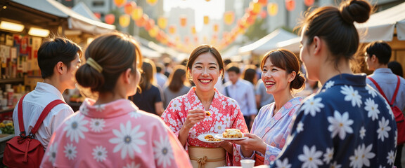 Smiling group enjoying snacks at street festival, cultural celebration