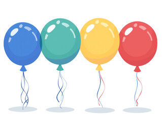 Brightly colored balloons in a cartoon style, ideal for birthdays and parties. Available in blue, red, yellow, and green, tied to a rope and isolated on a white background. Perfect for celebrations an