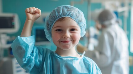 Brave and strong! Smiling bald boy raising his fist in a hospital room – symbol of hope and resilience