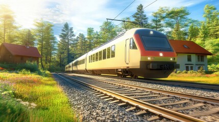 Naklejka premium Modern Suburban Landscape with Train and Bright Light