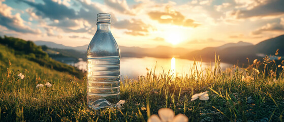 Serene water bottle resting on lush grass with sun rays illuminating a tranquil lake at sunset