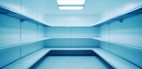 Empty cold storage room with shelves awaiting fresh produce in a bright, chilled environment