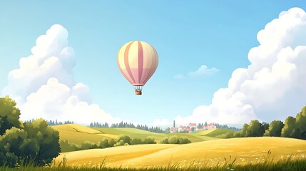 Obraz premium Hot air balloon over a sunny rural landscape.